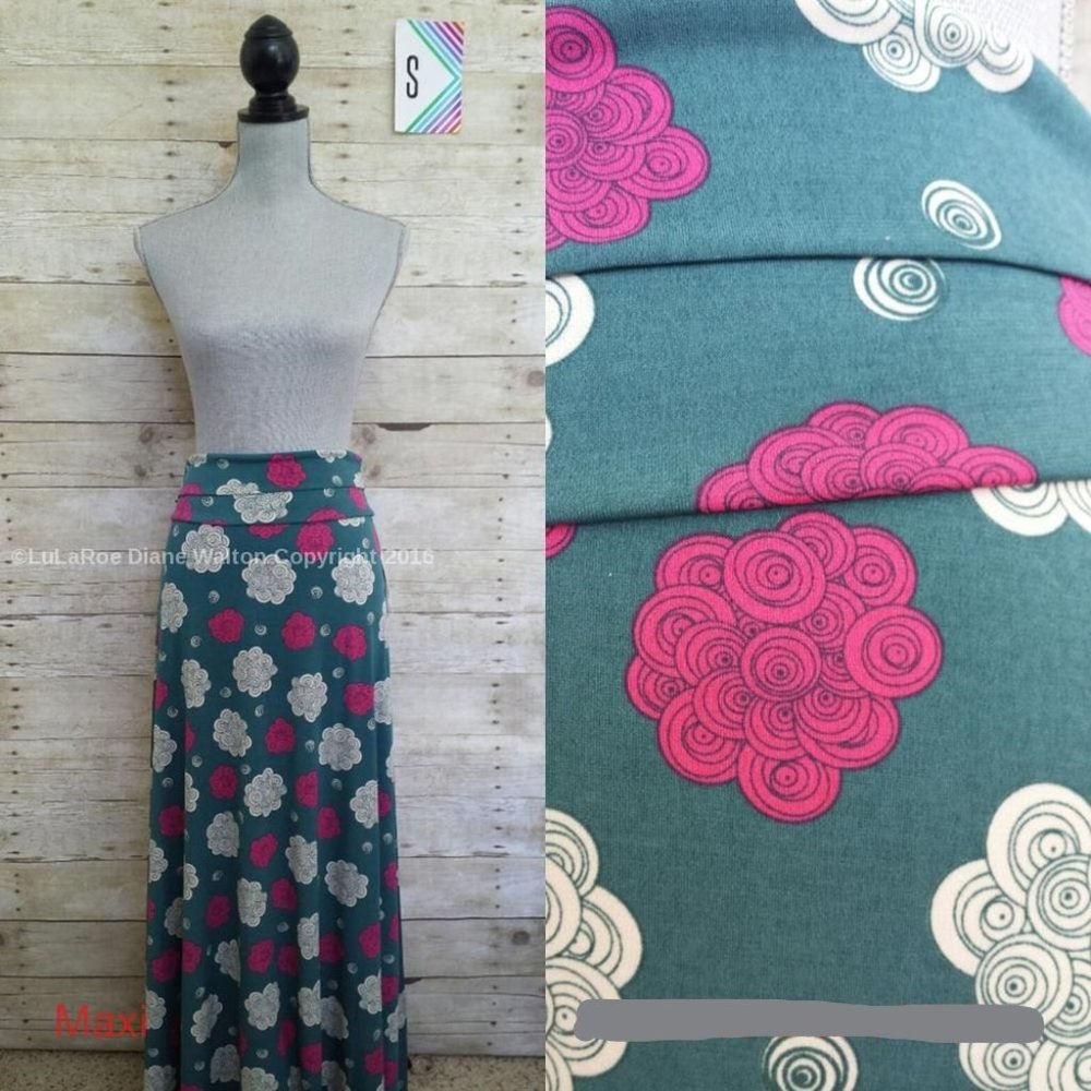 NWT LuLaRoe Maxi Skirt/Dress Small - Cream/White & Fushia Flower Swirls on Green
